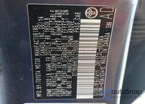 2014 Toyota Corolla L z USA, uszkodzony, nr VIN 2T1BURHE0EC190008